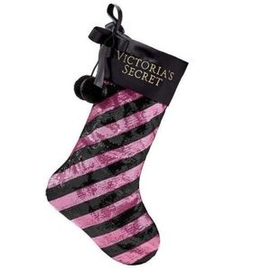 Victoria’s Secret pink & black sequin striped Christmas stocking with pom poms